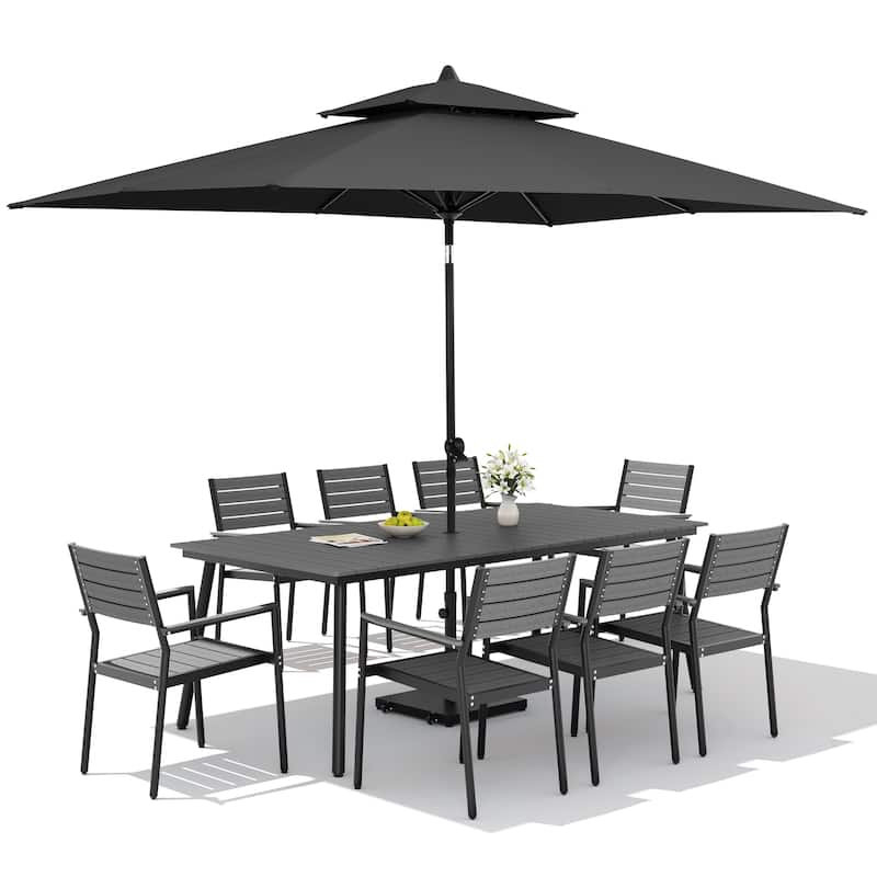 11PC Outdoor Patio Dining Set Aluminum Table with Stackable Armchairs w/ Premium Market Umbrella Sets