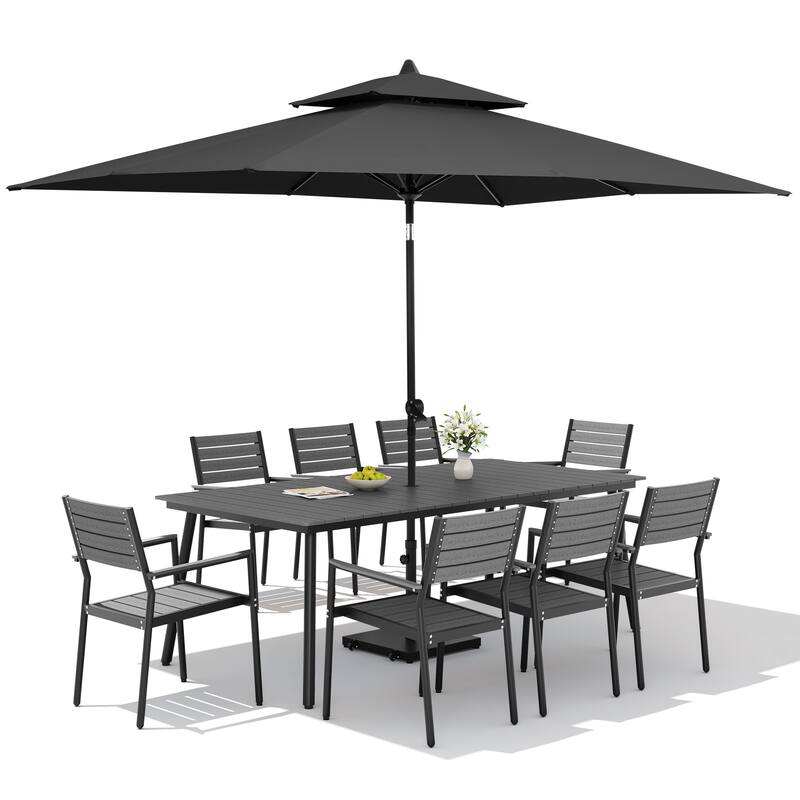 11PC Outdoor Patio Dining Set Wood-Like Aluminum Table with Stackable Armchairs,Double Top Market Umbrella and Wheel Base