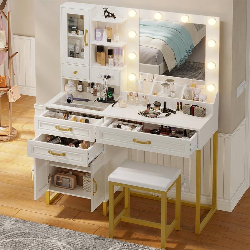 Vanity Desk Set 10 Hollywood Lights Mirror Bench Charging Station