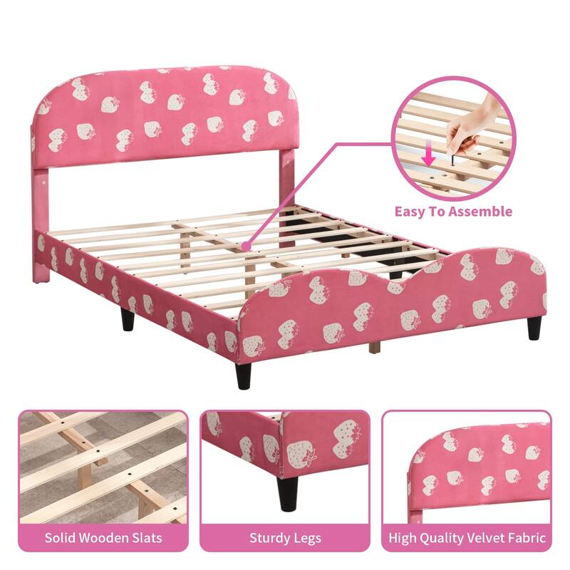 Kids Bed Frame with Headboard, Upholstered Platform Bed with Slatted Bed Base