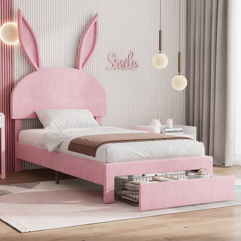 VECELO Wooden Cute Rabbit Twin Bed Frame with Upholstered Headboard, Kids Bed Frame