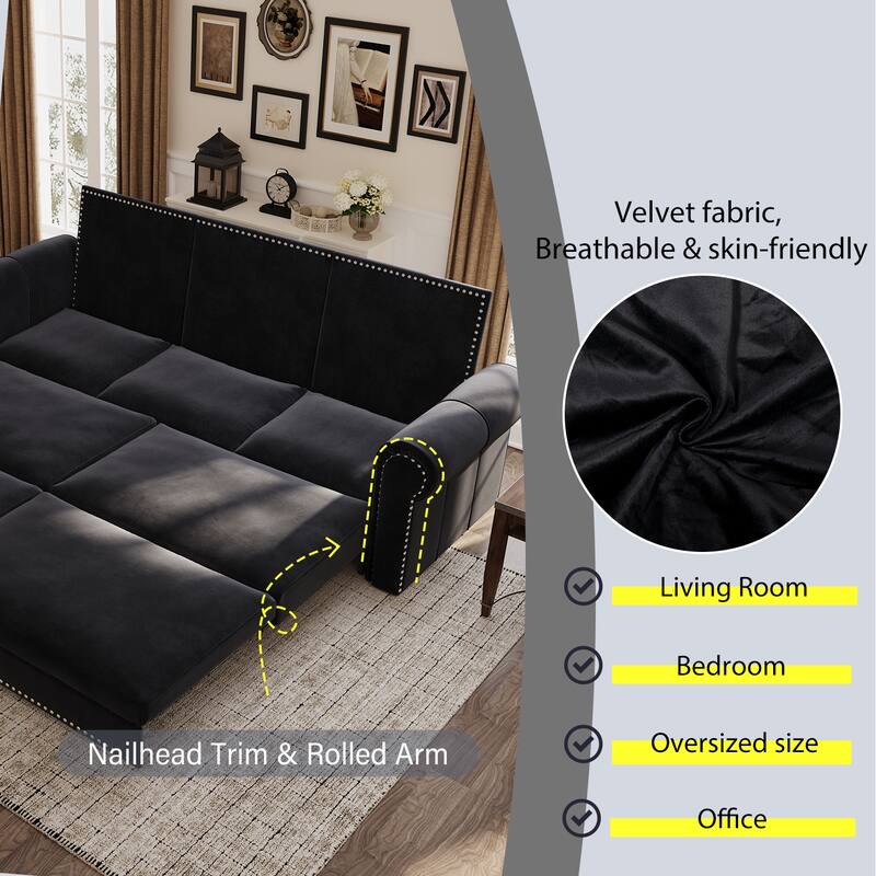 93.7" 3-in-1 Velvet Convertible Sleeper Sofa Pull Out Sofa Bed with Rolled Arm