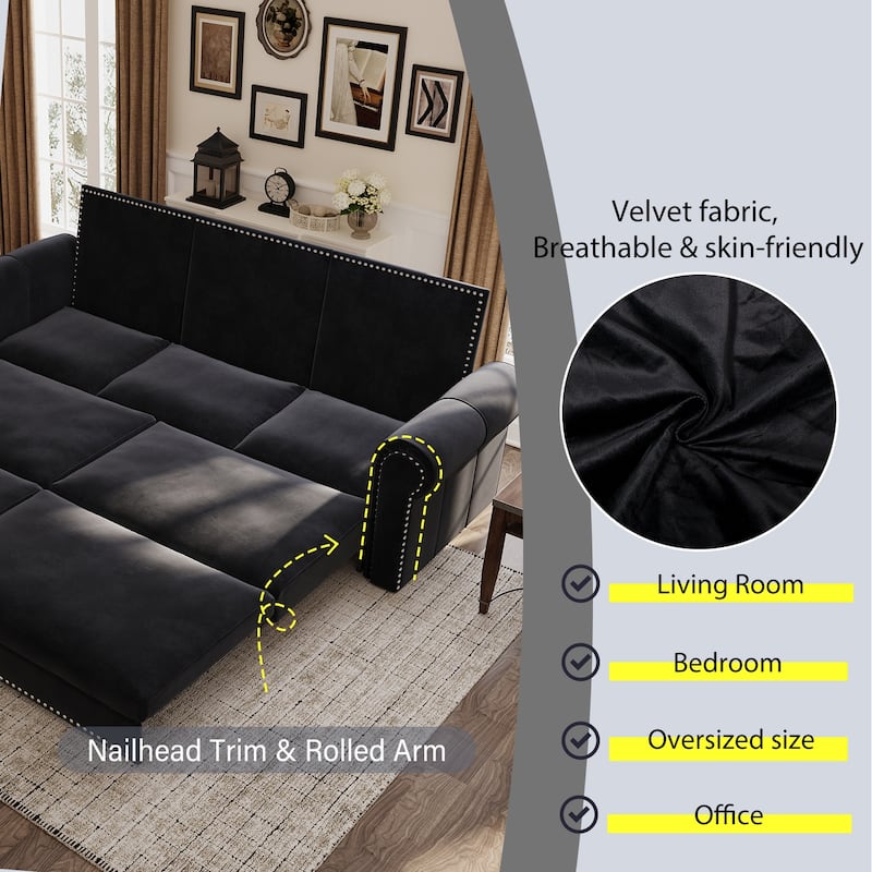 93.7"Velvet 3-Seater Sleeper Sofa 3-in-1 with Rolled Arms & Nailhead Trim