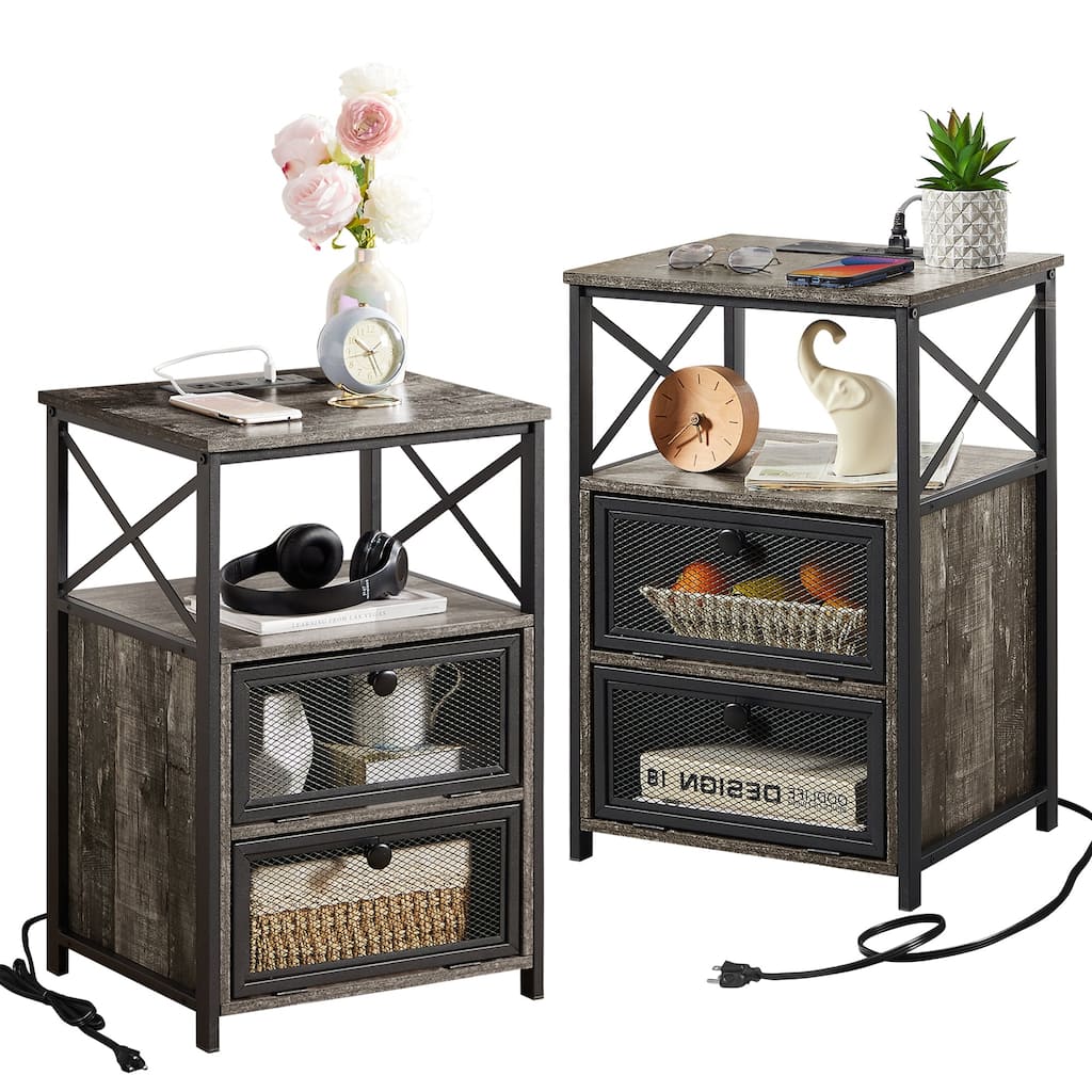 Set of 2 Nightstand End Table with Charging Station & 2 Flip Drawers, 2 USB Ports & 2 Power Outlet