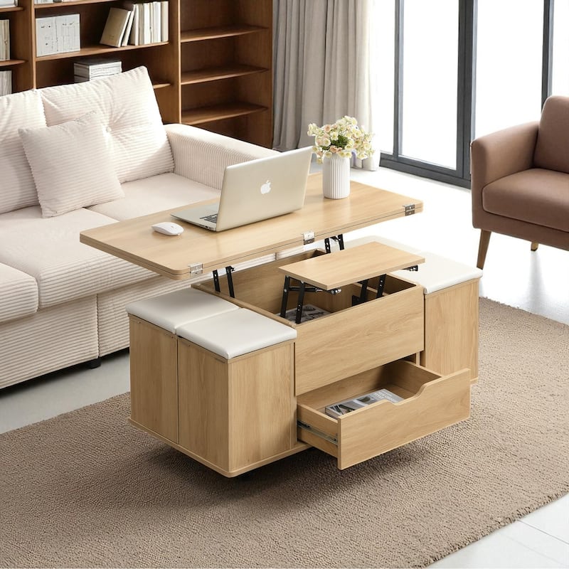 Multi-Functional Lift-Top Coffee Table with Hidden Storage, 4 Stools & Casters, Modern Center Table for Small Spaces