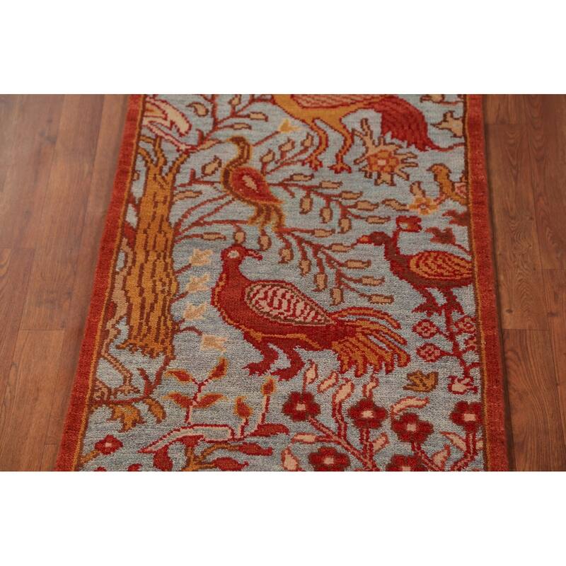 Animals Design Blue Ziegler Indian Runner Rug Hand-Knotted Wool Carpet - 2'6"x 7'11"