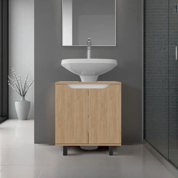 slide 2 of 13, Marlo Under Sink Cabinet with Two Doors and Interior Storage Shelves, Freestanding Bathroom Storage Beige