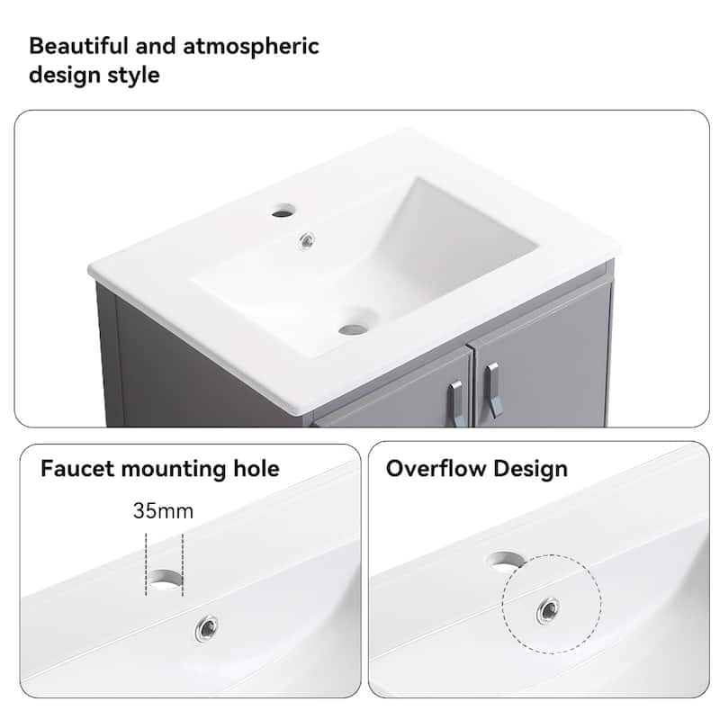 24 in. W x 19 in. D x 16 in. H Wall Mounted Bathroom Vanity with White Ceramic Sink,Two Metal Soft Close Cabinet Doors