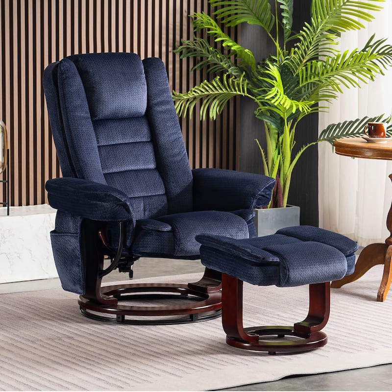 Mcombo Recliner Chair with Ottoman, Fabric Massage Swivel Chair - Blue