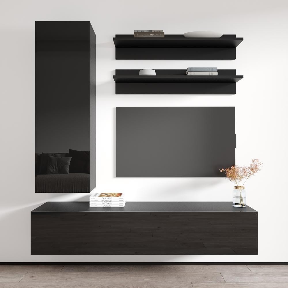Meble Furniture Fly H1 for up to 70" TVs 63" Wall Mounted Floating Entertainment Center with LED Lights - Modern 4-Piece TV