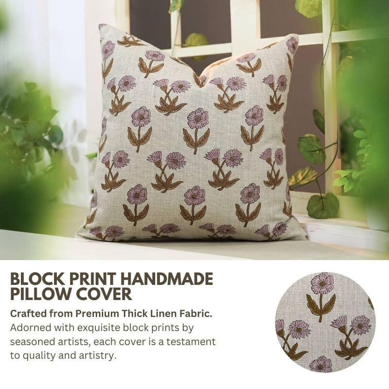 Linen Farmhouse Block print pillow Cover - Kirti
