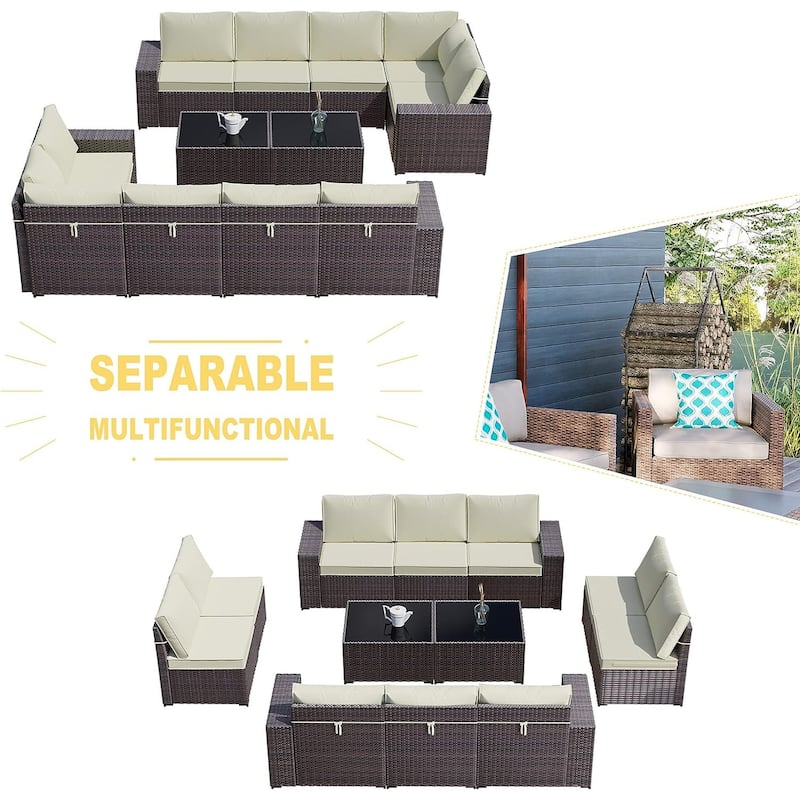 Kullavik 12 Pieces Outdoor Patio Furniture Set Sectional Rattan Sofa Set with Tempered Glass Table