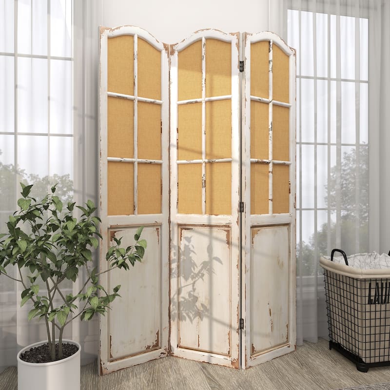 Beige Wood Hinged Foldable Partition 3 Panel Partition Room Divider Screen with Burlap Window Pane Design
