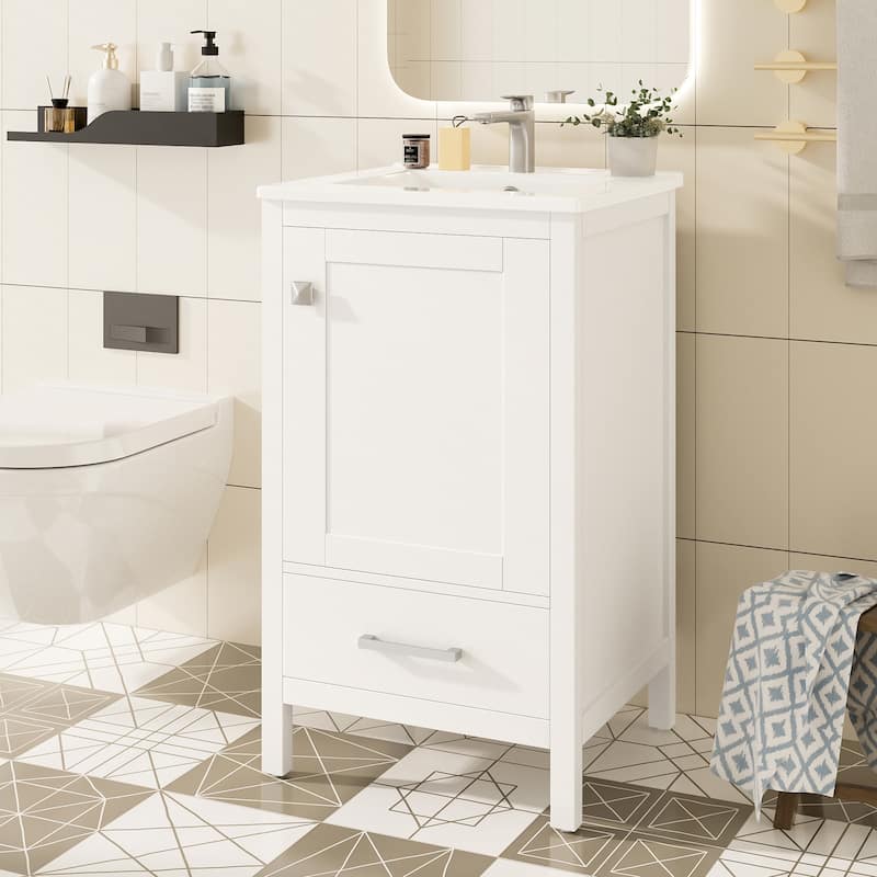 GDFStudio - Aurora Wood & Ceramic Bathroom Vanity Set with Sink and Divided Drawers - 20" - White