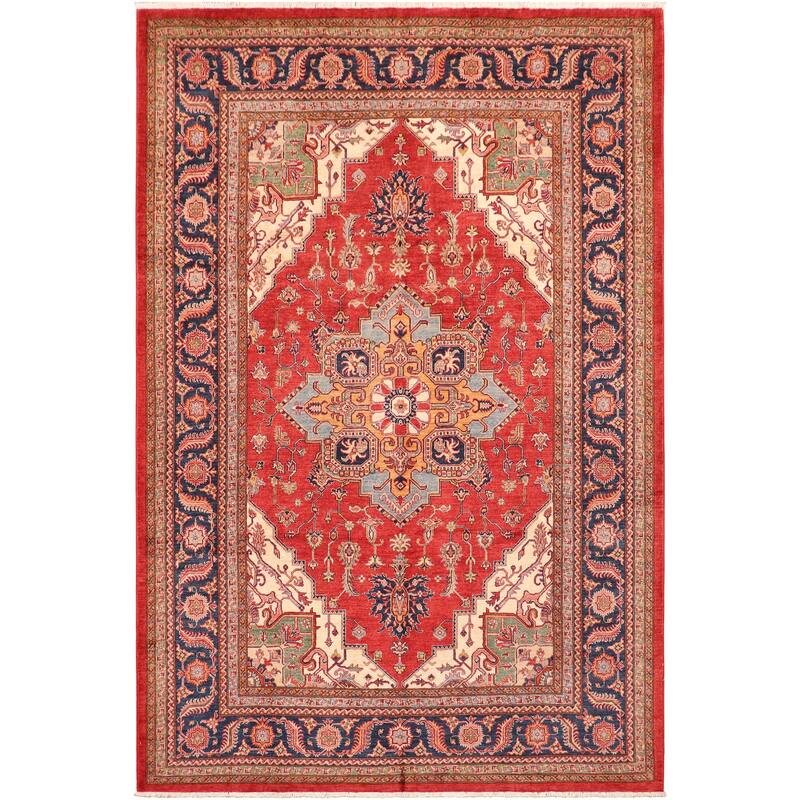 Rustic Super Kazak Zuri Red/Blue Hand Knotted Wool Rug - 8'2'' x 10'2''