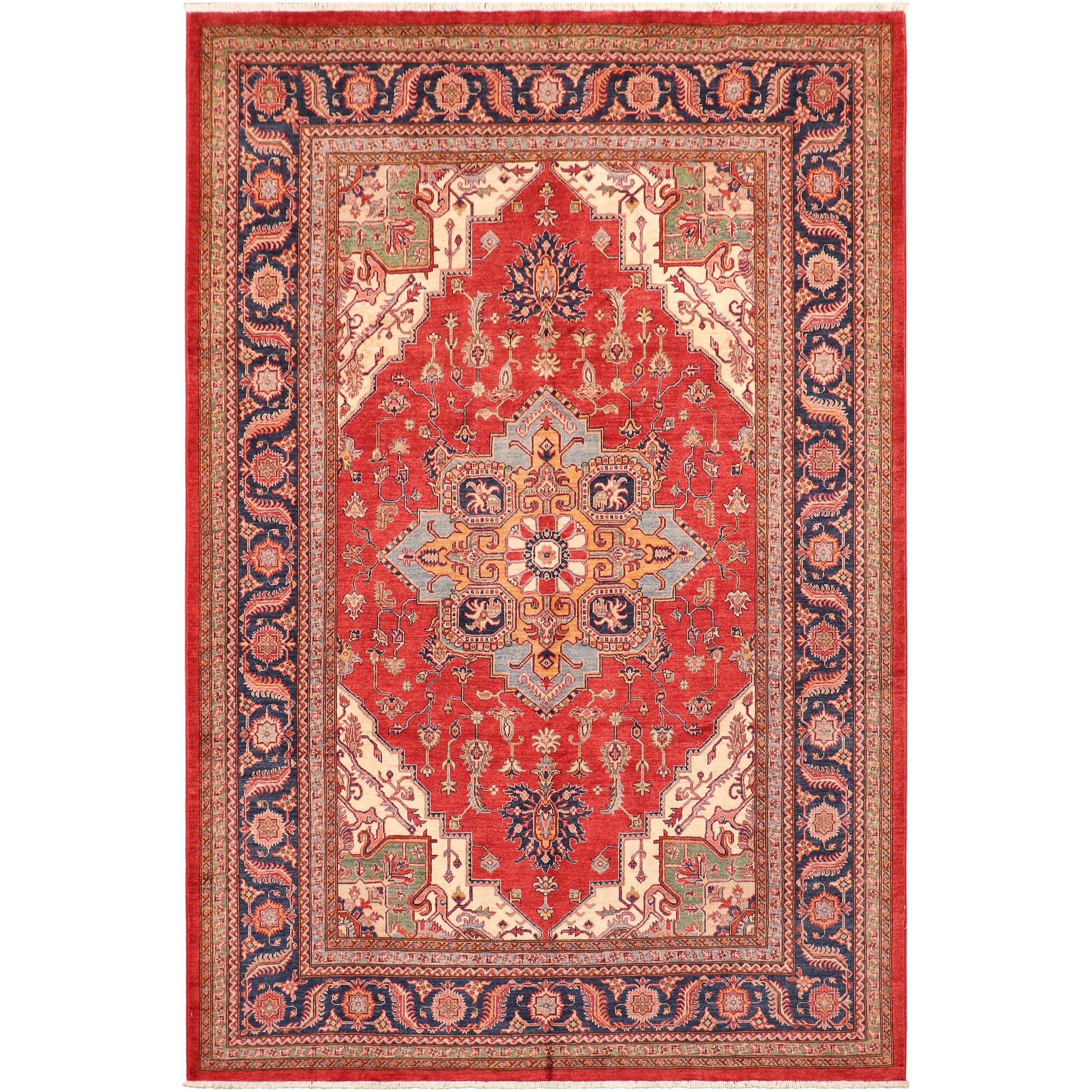 Rustic Super Kazak Zuri Red/Blue Hand Knotted Wool Rug - 8'2'' x 10'2''