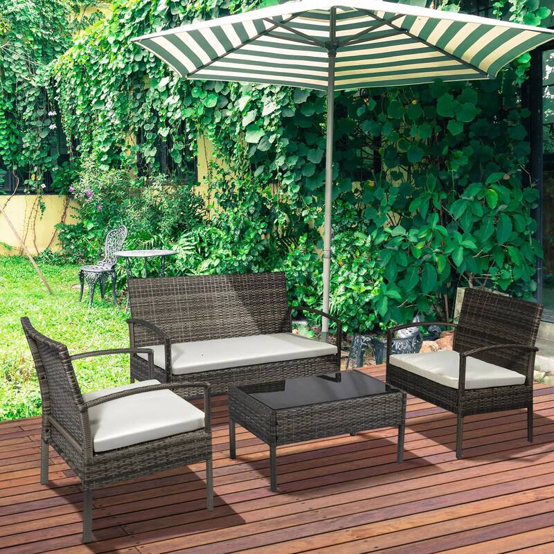 4PCS PE Rattan Conversation Set, Sofa Loveseat Table, All Weather - Light Grey