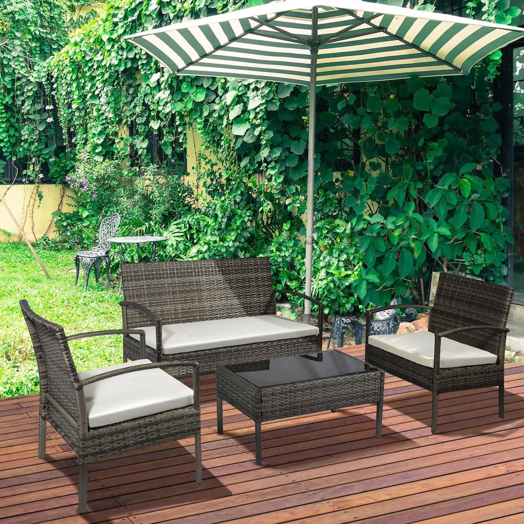 4PCS PE Rattan Conversation Set, Sofa Loveseat Table, All Weather