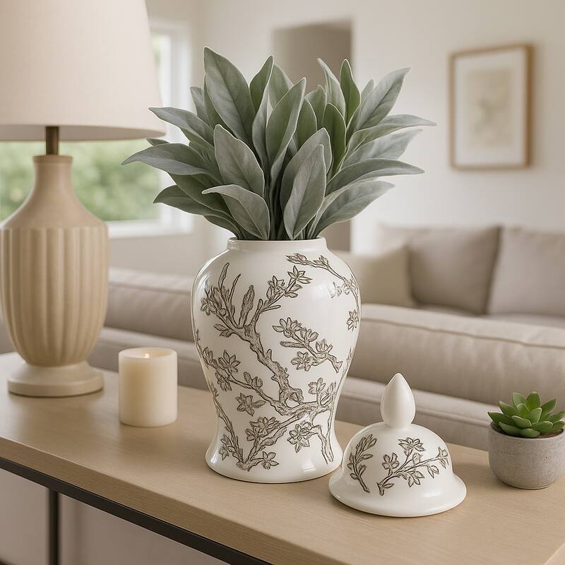 Decorative Ceramic Cherry Blossom Temple Jar with Lid - White & Brown