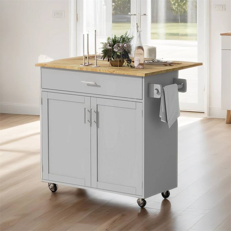 Rolling Kitchen Island w/ Rubber Wood Top, Adjustable Shelf Tower Rack