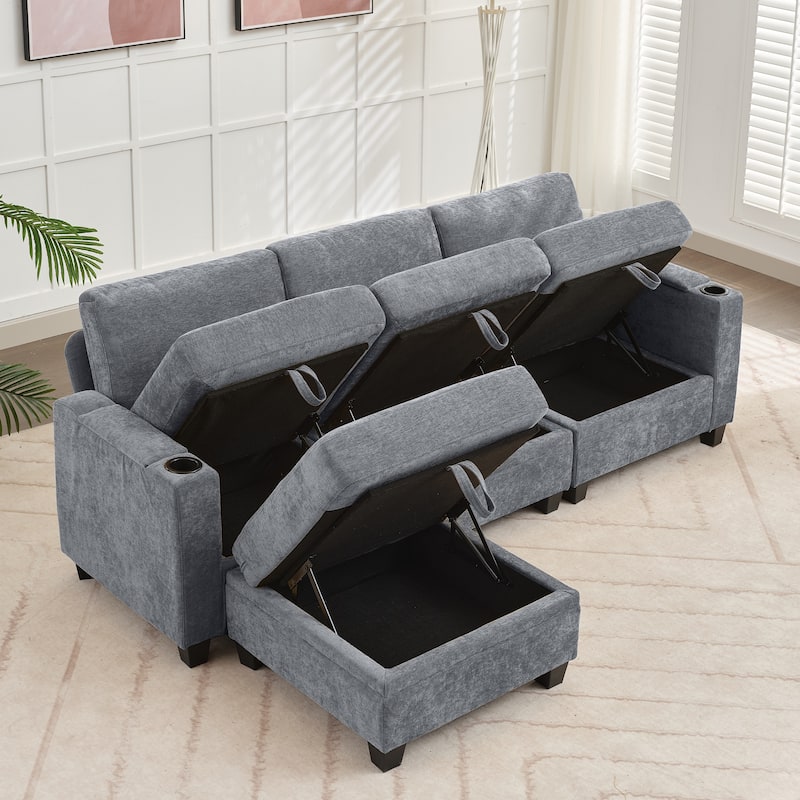 Chenille Storage Sofa, 3 Seats with a Removable Ottoman
