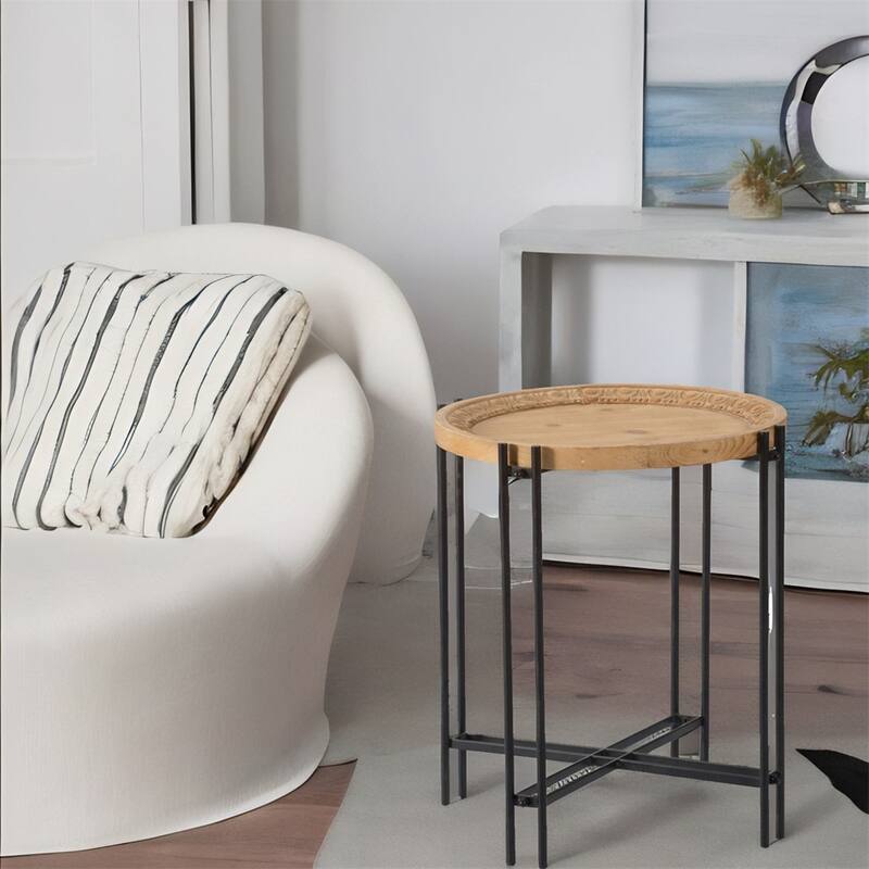 Round Side Table with Wood Top, End Table for Living Room Bedroom