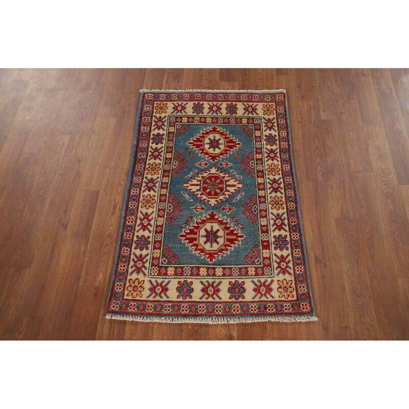 Hand Knotted Oriental 100% Wool Carpet Traditional Geometric Navy Blue & Blues Kazak Area Rug - 3' 1'' X 2' 0''