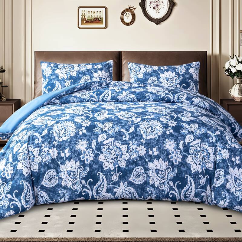3-Piece 100% Cotton Comforter Set, Flower Pattern Printed Comforter and 2 Pillowcases for All Season - Antique Blue - King