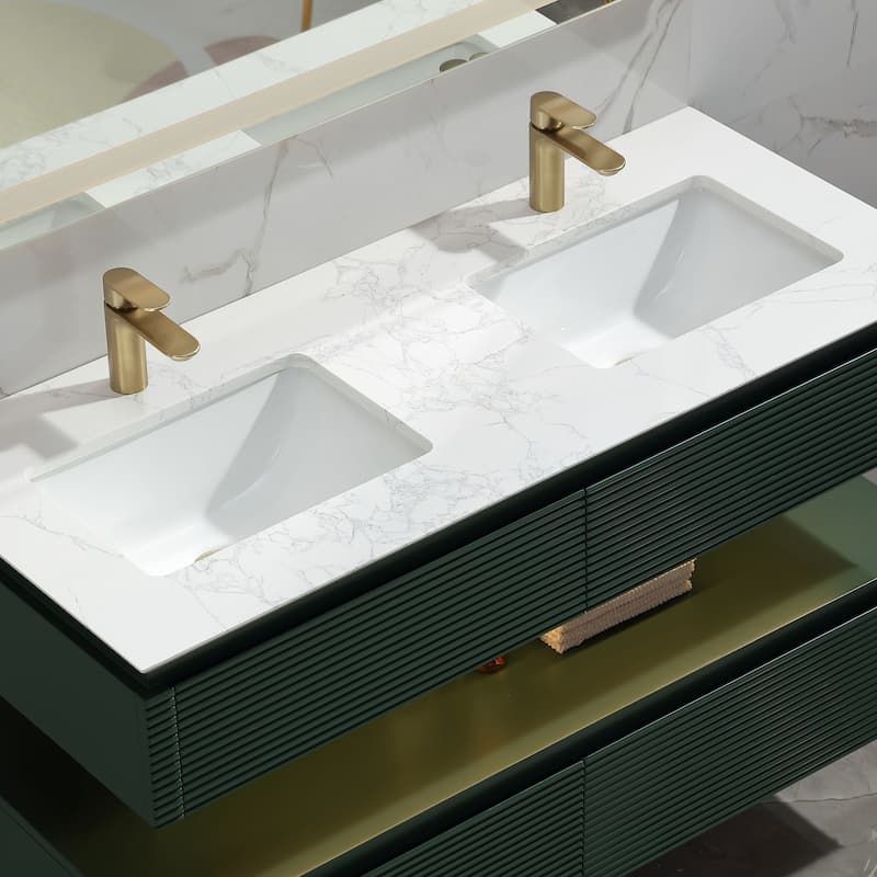 Modland 36/48 Inch LED Floating Vanity with Marble Top & Soft-Close Drawer - Green/White, Wall Drain Ready