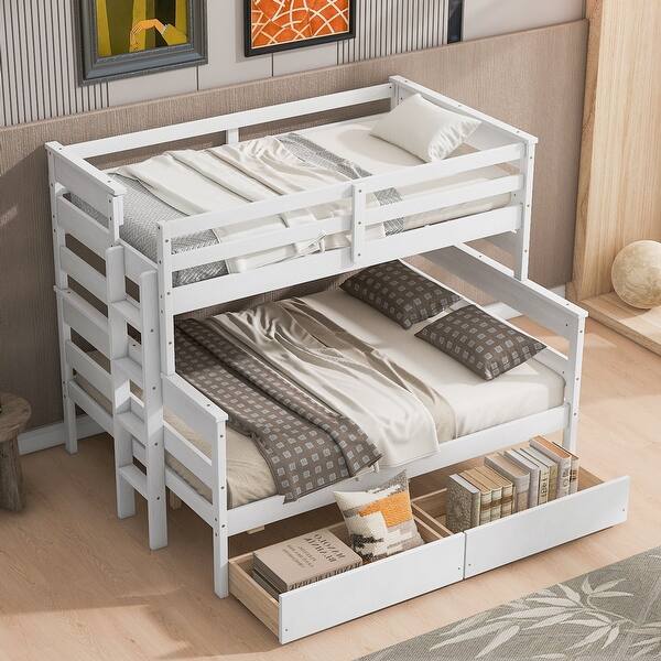 slide 2 of 4, White Twin over Full Solid Pine Wood Bunk Bed with 2 Drawers, Convertible to 2 Beds White