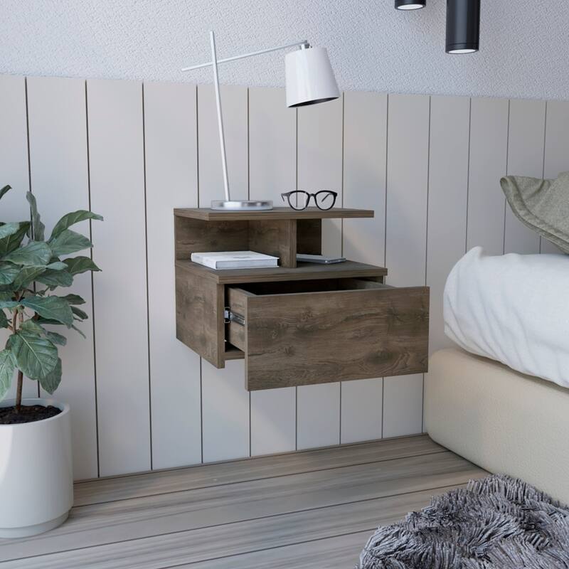 White Floating Nightstand, Wall-Mounted End Table with Storage Drawer & Open Shelf