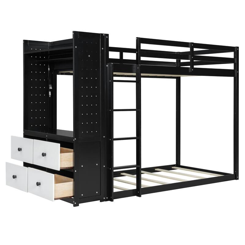 Twin Bunk Bed with Storage, Shelves, and LED Light Strip by Harper&Bright Designs