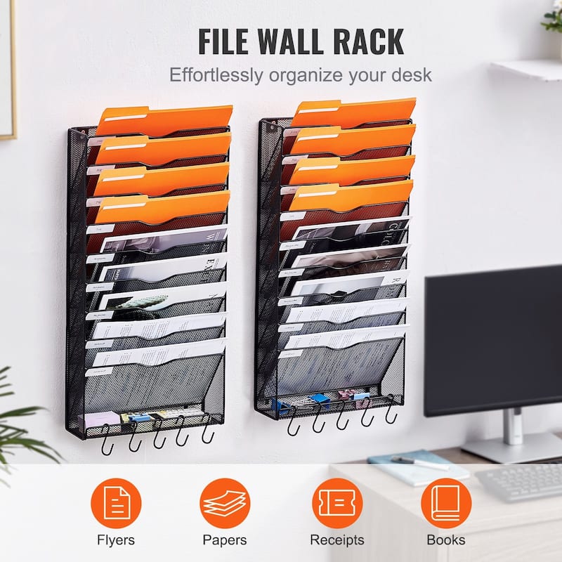 Wall-Mounted File Organizer, 10-Pocket Mesh Rack for Documents, Magazines & Mail - 12.60 x 4.13 x 25.59 in