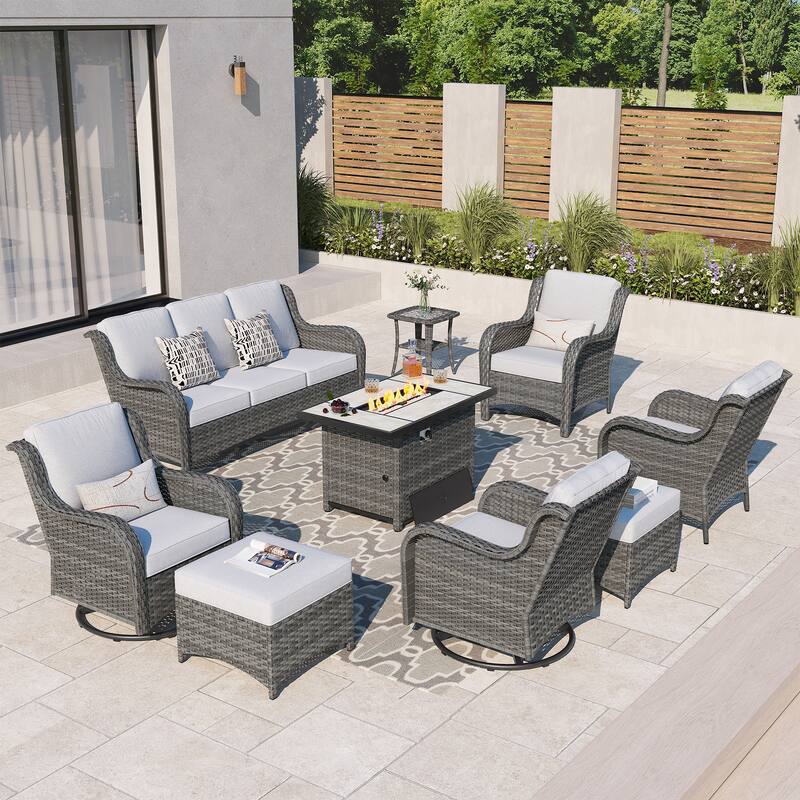 OVIOS 9-piece Patio Wicker Swivel Rocking Chair Set With Fire Pit - Grey-Grey Wicker