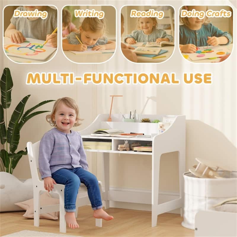 Kids Desk and Chair Set Wood MDF Ergonomic Design with Storage for Ages 3 to 8 - 23.6" W x 18.9" D x 26.8" H