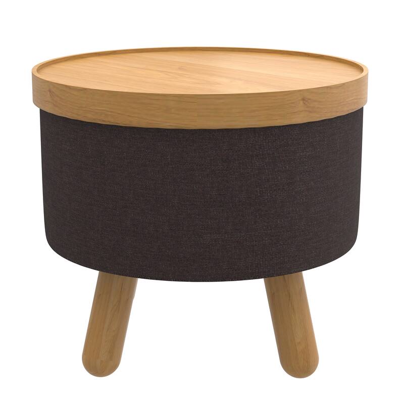 Mid-Century Modern Fabric and Wood Round Storage Ottoman with Tray