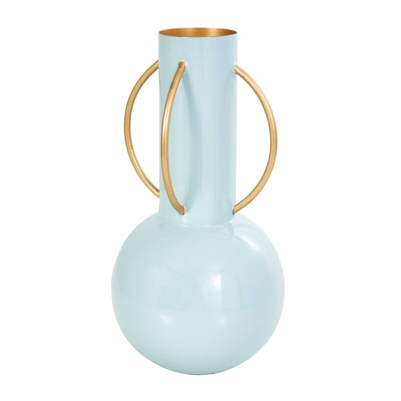 CosmoLiving by Cosmopolitan Light Blue or Cream Metal Abstract Vase with Varying Shapes and Geometric Gold Handles (Set of 3)