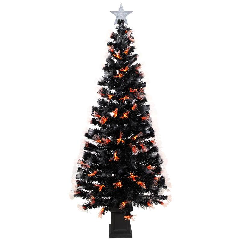 8-function Fiber Optic Artificial Pine Potted Halloween Tree - 6' - Black - Orange and Purple LED - 6-to-7-feet