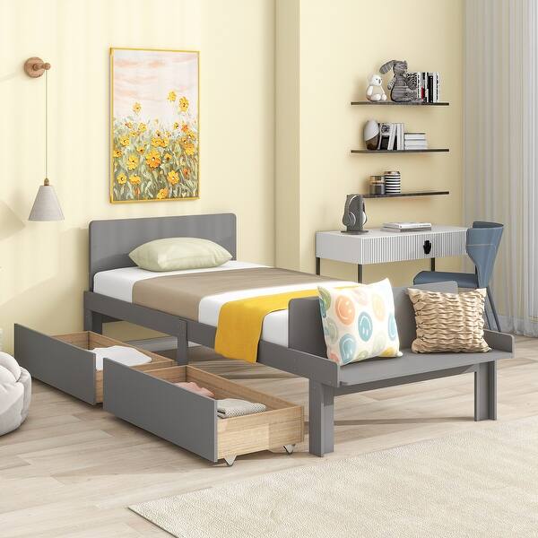slide 2 of 28, Stylish Twin/ Full Size Platform Bed Frame with Footboard Bench and 2 Storage Drawers, Pine Wood Platform Bed Frame for Bedroom Twin - Twin Grey