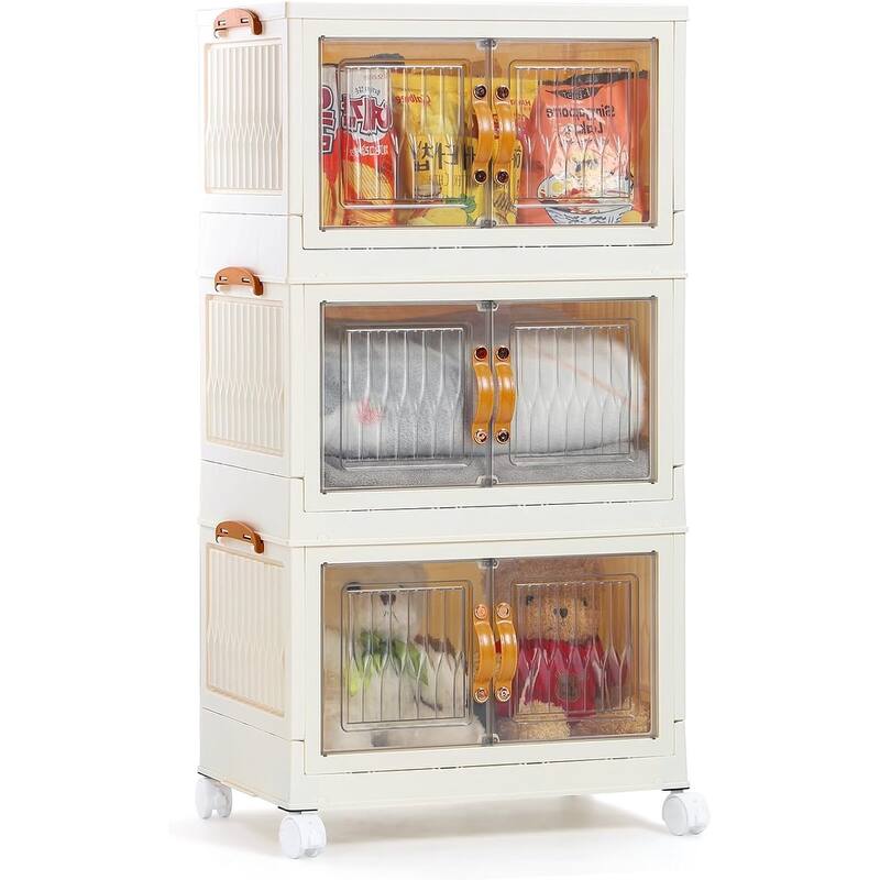 Large Plastic Storage Boxes with Lid - Beige - 3-Tier