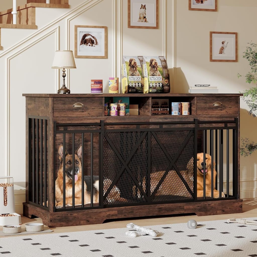 63 Inch Farmhouse Indoor Kennel Dog Crate Furniture with Double Doors