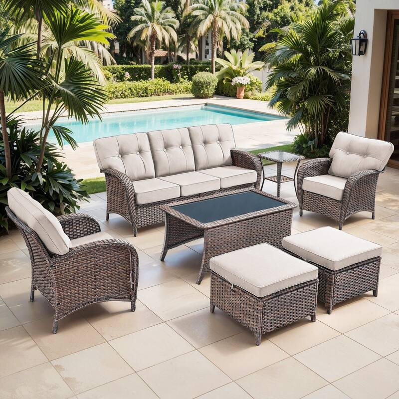 Gymojoy Outdoor Wicker Patio Furniture Set, 5" Thick Cushioned Rattan Conversation Set with Sofa & Chairs