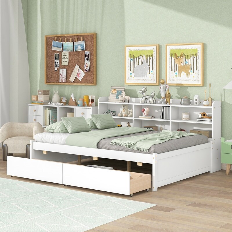 Full Size Bed With Multifunctional Function Side Bookcase, 2