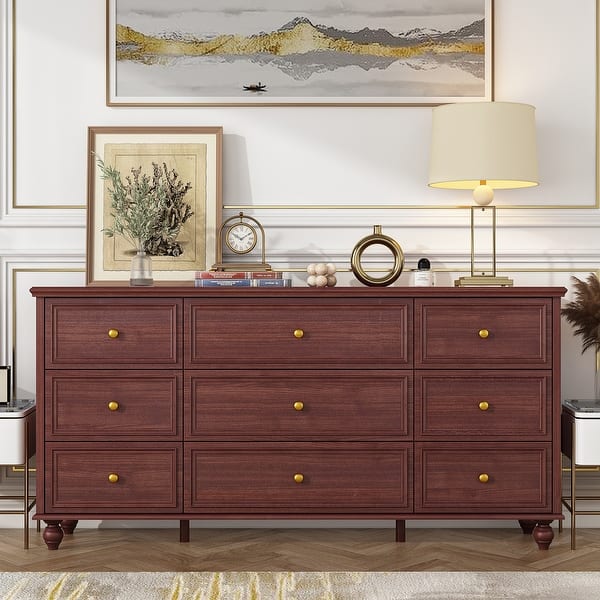 slide 2 of 41, 63"W Wood Dresser Bedroom Storage Drawer Organizer Closet 9 Drawer Dark Red