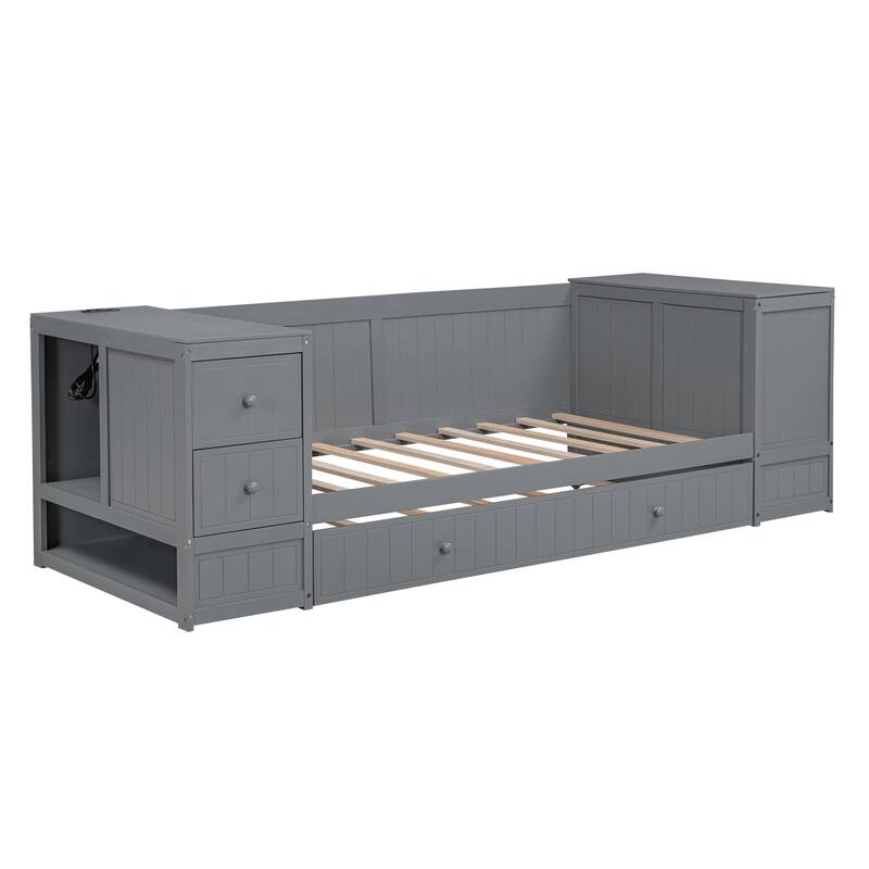 Twin Size Daybed with Storage, Trundle, and Charging Station in Gray