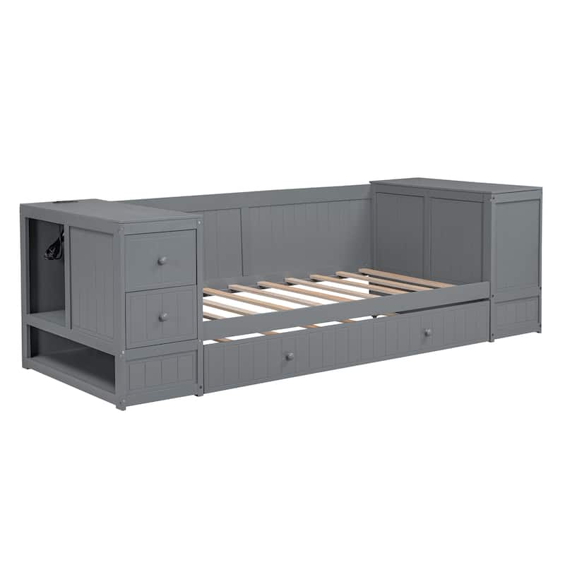 Wooden Bed Frame Low-Profile Daybed with Storage Arms and Charging Station, Trundle Bed with Wood Slat for Bedroom/Apartment