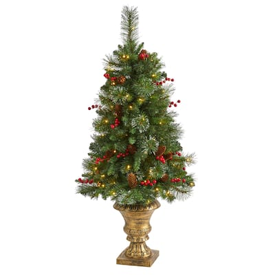 4ft. Pine, Pinecone & Berries Artificial Christmas Tree with 100 Clear LED Lights in Decorative Urn - Festive X-Mas Décor Tree