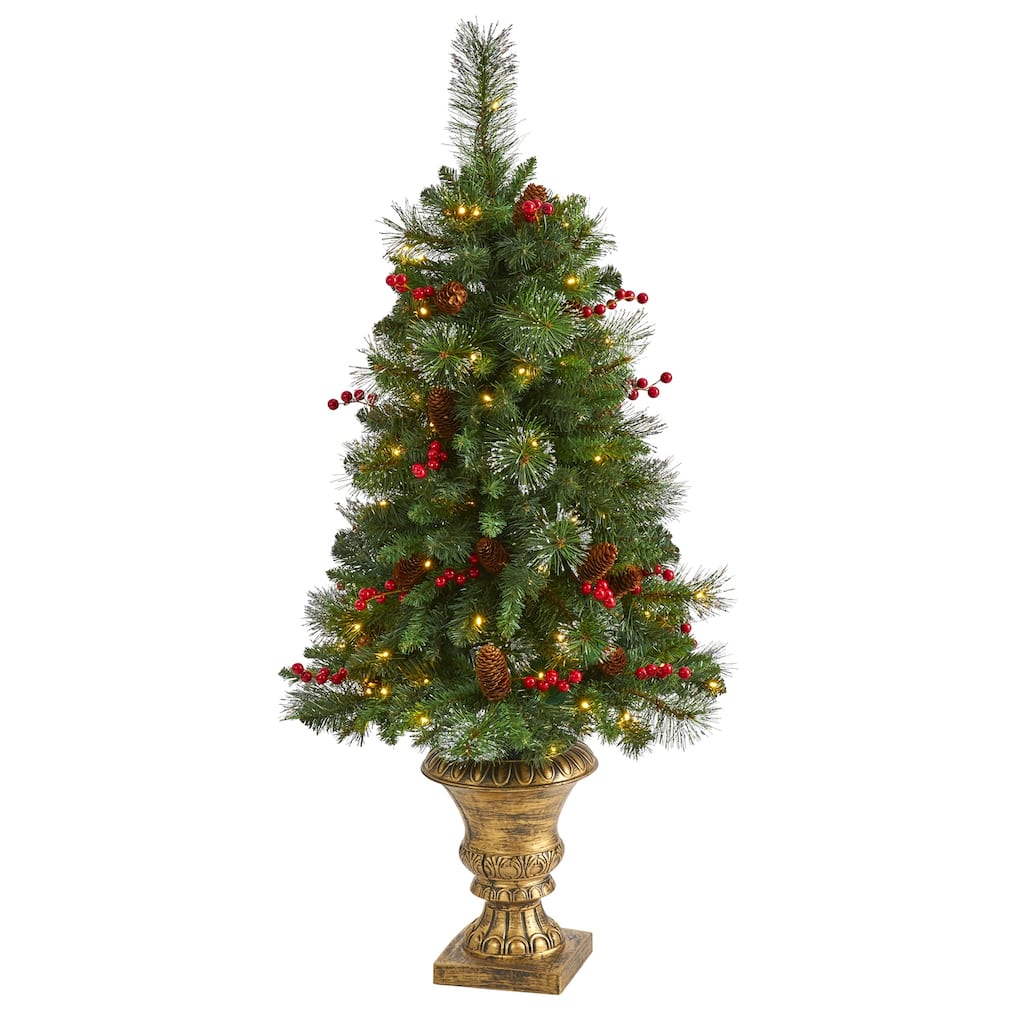 4Ft Christmas Tree with Lights - Pinecone & Berry Decor, Urn Base - Holiday Tree for Home & Office - Green - 50