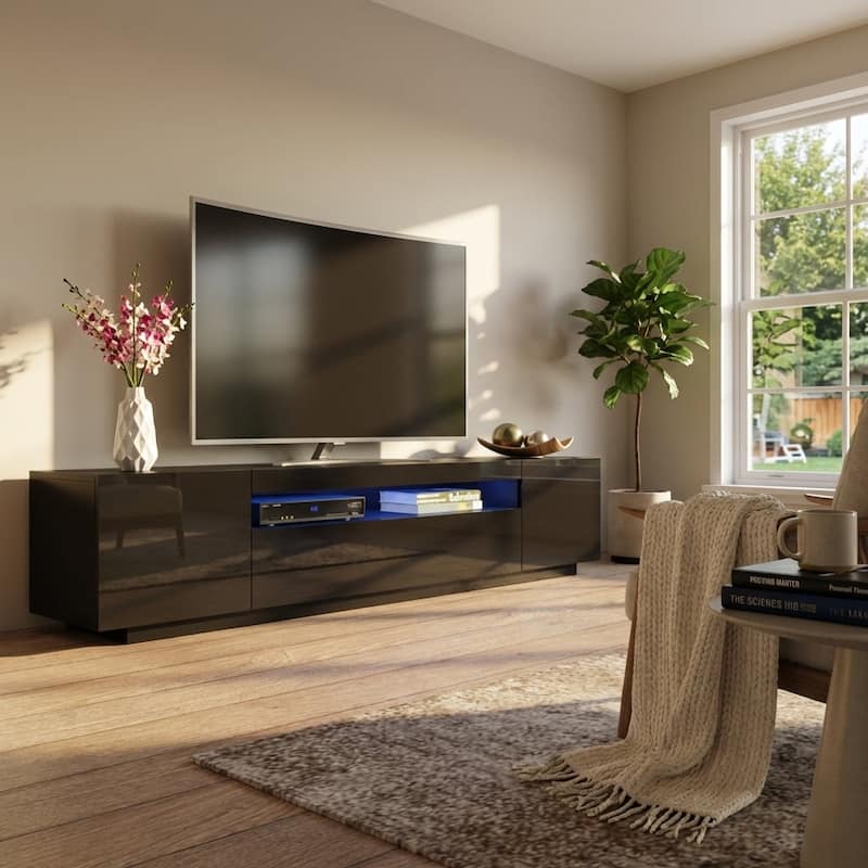 Meble Furniture Miami 79" TV Stand with LED Lighting System, Hi-Gloss Entertainment Console for up to 85" TVs