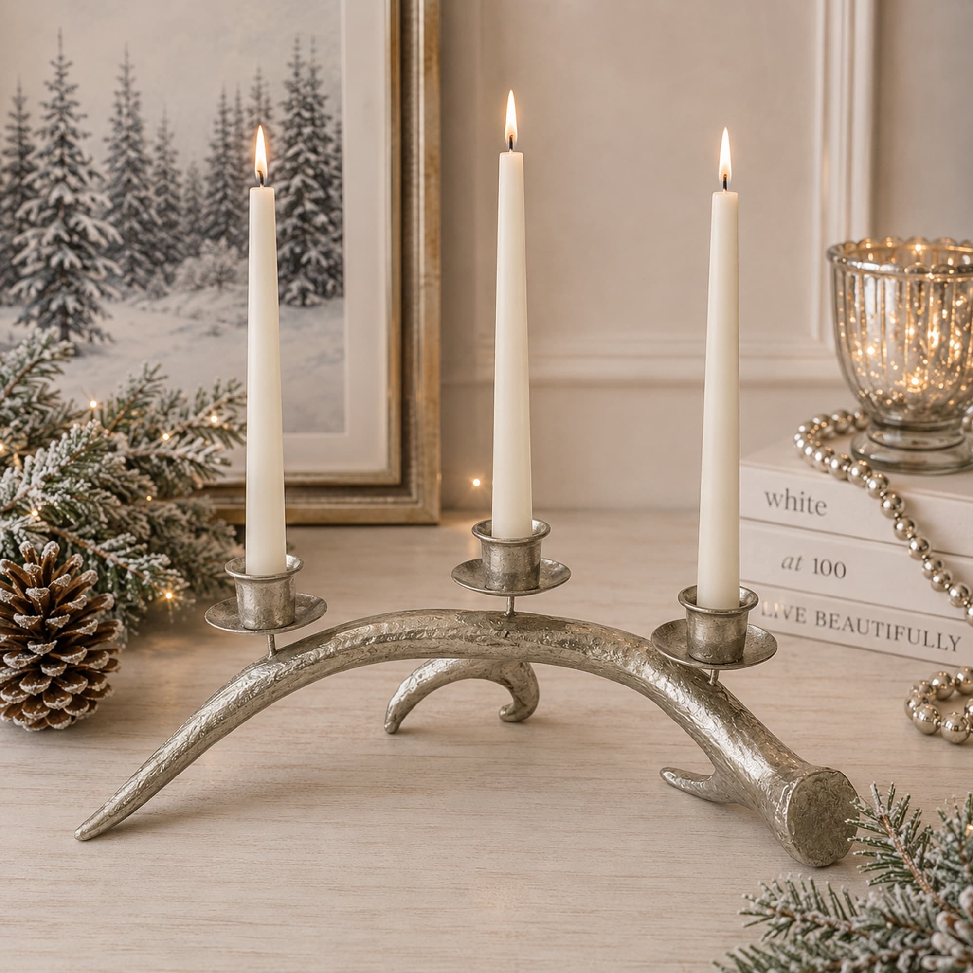 Deer Antler Christmas Taper Candle Holder - 12" - Champagne
